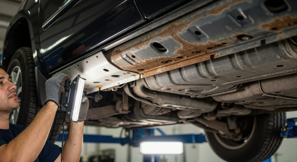 Mechanic inspecting the underside of a car on a hoist